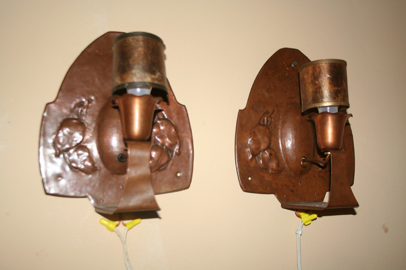 arts and crafts hammered copper sconce pair